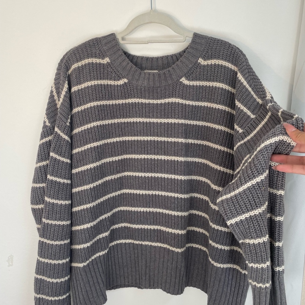 a.n.a Gray and White Crew Neck Sweater with Stripes